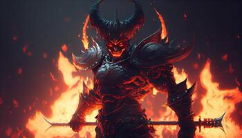 devil warrior with hellfire, digital art illustration, photo