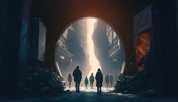 group of people walking in a strange environment, digital art illustration, photo