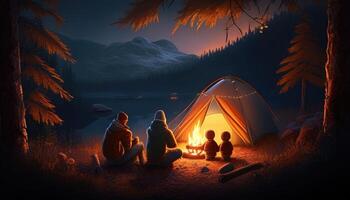 heartwarming family camping, digital art illustration, photo