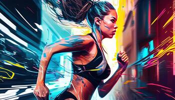 fitness sport girl running, digital art illustration, photo
