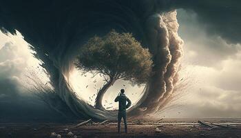 person on surreal disaster, digital art illustration, photo