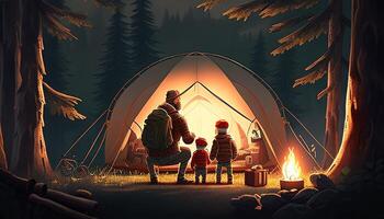 heartwarming family camping, digital art illustration, photo