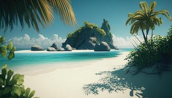 sandy tropical beach in island, digital art illustration, photo