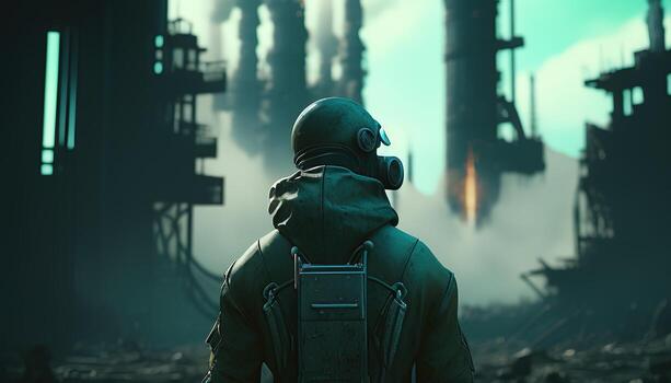 scientist on territory emission area, digital art illustration, photo