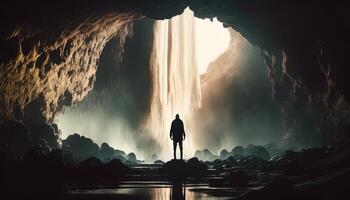 person stand behind waterfall, digital art illustration, photo