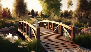 wooden bridge in the park, digital art illustration, photo