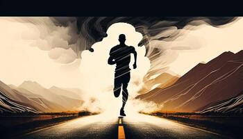 athlete running road, digital art illustration, photo