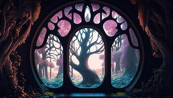 fantasy forest in the window, digital art illustration, photo