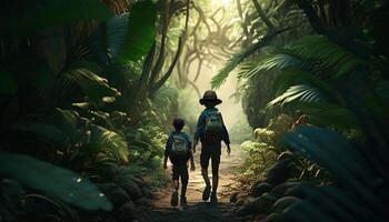 childrens exploring jungle, digital art illustration, photo