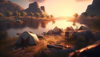camping on the riverbank, digital art illustration, photo
