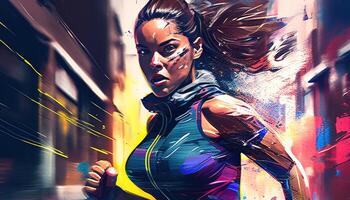 fitness sport girl running, digital art illustration, photo