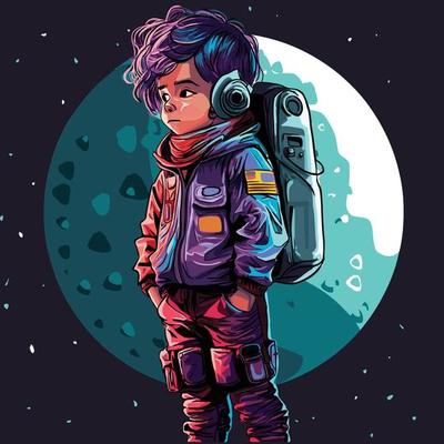 Lost in Space, An Illustration of an Astronaut Boy in a Space Suit Thinking of Someone Far Away