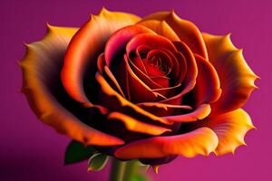 3d illustration of red and yellow rose flowers over dark blue background. photo