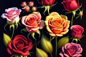 3d illustration of red and yellow rose flowers over dark blue background. photo