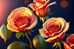 3d illustration of red and yellow rose flowers over dark blue background. photo