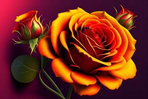 3d ilustración de rojo y amarillo Rosa flores terminado oscuro azul antecedentes. ai generado foto