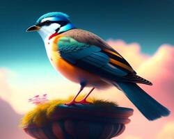 3d render of a colorful bird on a background of nature. photo