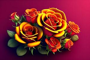 3d illustration of red and yellow rose flowers over dark blue background. photo