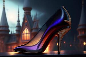 Black high heel shoes against the backdrop of the night city. 3D rendering. photo