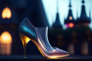 Black high heel shoes against the backdrop of the night city. 3D rendering. photo