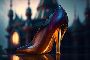 Black high heel shoes against the backdrop of the night city. 3D rendering. photo