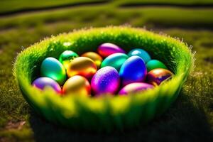 Colorful easter eggs on green grass background. Happy Easter concept. photo