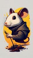 Illustration of a cute white rat in a coat with a brush in his hand. photo