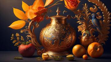 Still life with antique vase on dark background. 3D rendering. photo