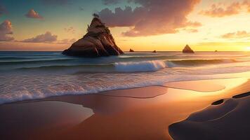 tropical playa a amanecer. naturaleza composición. 3d prestar. ai generado foto