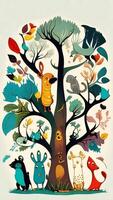 Vector illustration of a tree with animals in the forest. Hand drawn style. photo