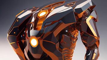 3d rendering of a robot cyborg with orange and black background photo