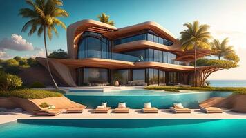 3D rendering of a luxury villa with swimming pool and palm trees. photo