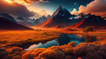 Fantasy alien planet. Mountain and lake. photo