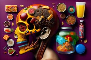 the anatomy of a zoombie head made of junk food. photo