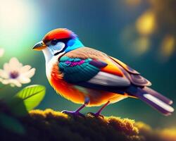 3d render of a colorful bird on a background of nature. photo