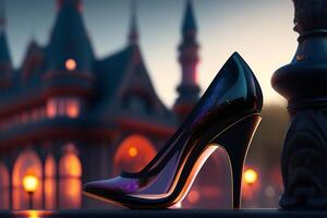 Black high heel shoes against the backdrop of the night city. 3D rendering. photo