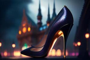 Black high heel shoes against the backdrop of the night city. 3D rendering. photo