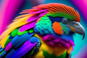 Colorful macaw parrot sitting on colorful bokeh background. photo