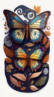 hermosa mariposa con flores y hojas. dibujado a mano ilustración. ai generado foto
