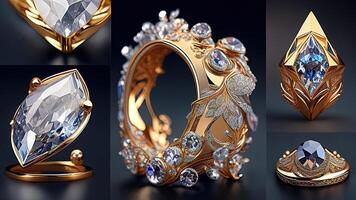Jewelry ring with diamonds and precious stones. 3d illustration. photo