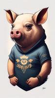 Pig in the T-shirt with the inscription on the neck. photo