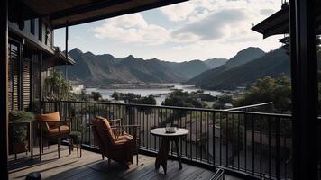 Luxury terrace overlooking the lake and mountains. photo