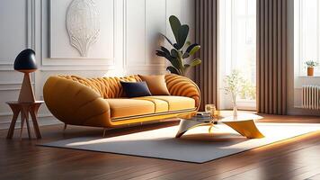 Modern living room interior design with yellow sofa, coffee table and plant. photo