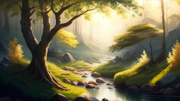 hermosa fantasía paisaje con río y bosque. 3d ilustración. ai generado foto