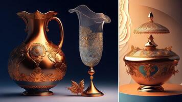 Digital illustration of a vase and pitcher in gold and blue background. photo