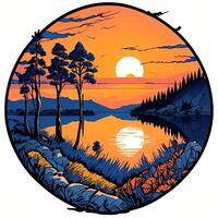 Landscape with lake, pine trees and sunset. Vector illustration. photo