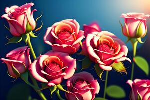 3d illustration of red and yellow rose flowers over dark blue background. photo