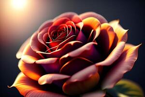 3d illustration of red and yellow rose flowers over dark blue background. photo