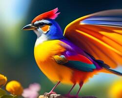 3d render of a colorful bird on a background of nature. photo