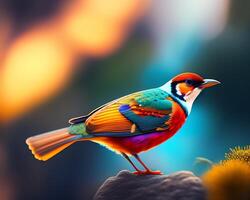 3d render of a colorful bird on a background of nature. photo